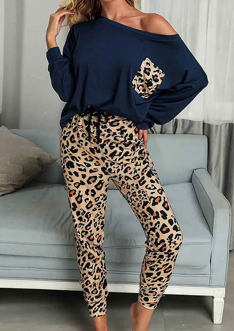 

Leopard Pocket Blouse And Drawstring Pants Two-Piece Set - Navy Blue, 491596