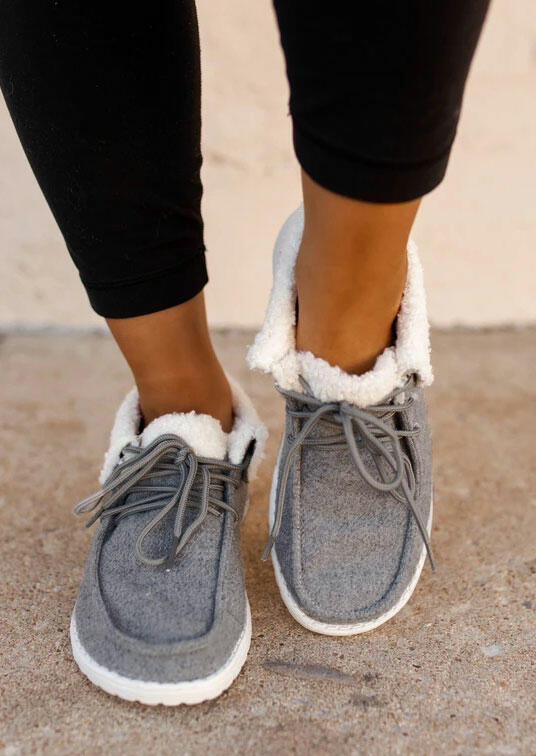

Warm Plush Lace Up Round Toe Flat Sneakers, Gray, 490229