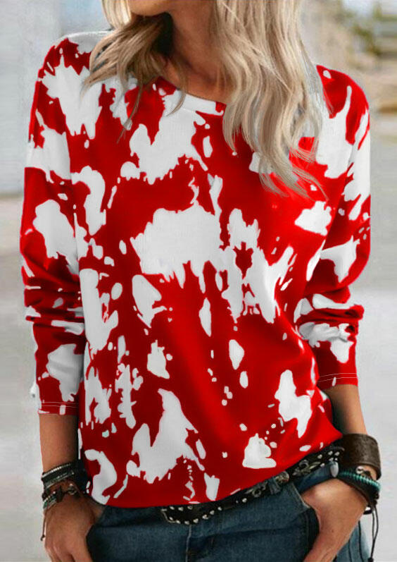 

Tie Dye O-Neck Long Sleeve Blouse - Red, 491581