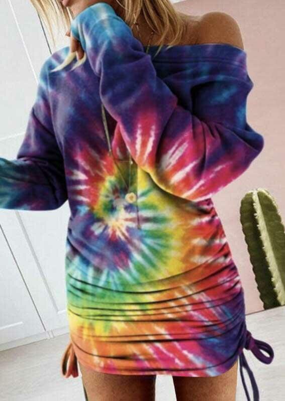 

Tie Dye Swirl Drawstring Long Sleeve Bodycon Dress, Multicolor, 491611