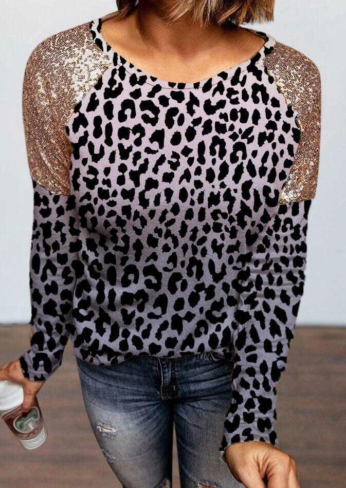 

Leopard Sequined Splicing Long Sleeve Blouse, 491614