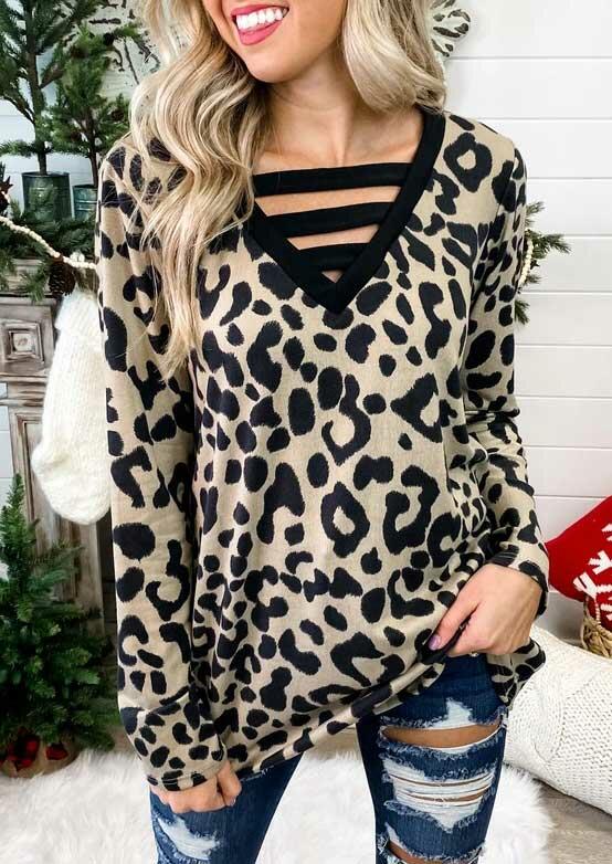 

Leopard Hollow Out V-Neck Casual Blouse, 491635