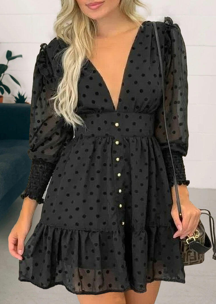 

Polka Dot Ruffled Button Deep V-Neck Mini Dress - Black, 491643