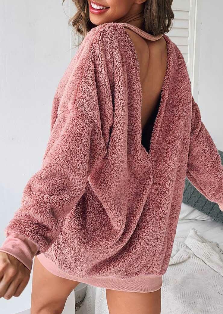 

Open Back Long Sleeve Fleece Mini Dress - Cameo Brown, 491666