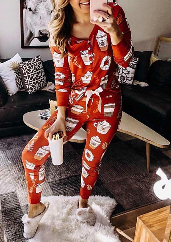 

Hot Cocoa V-Neck Button Blouse And Tie Pants Pajamas Set, Orange, 491669