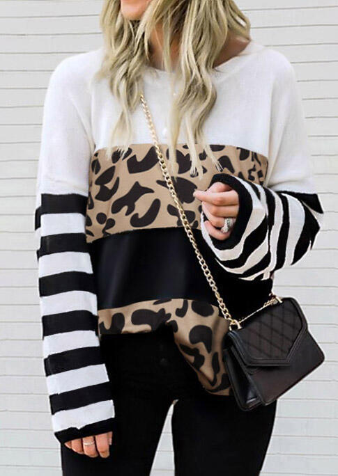 

Leopard Striped Splicing Long Sleeve Blouse, Multicolor, 490073