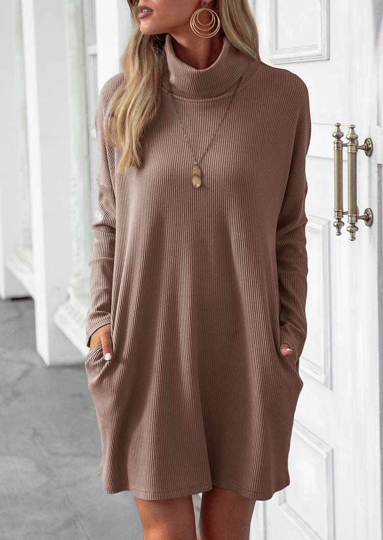 

Pocket Turtleneck Long Sleeve Mini Dress - Khaki, 491620