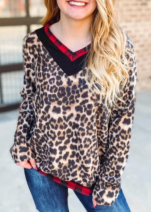 

Leopard Plaid Splicing Long Sleeve V-Neck Blouse, 491673