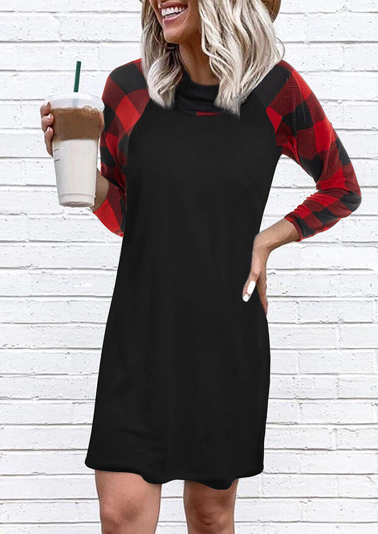 

Buffalo Plaid Raglan Sleeve O-Neck Mini Dress - Black, 491698