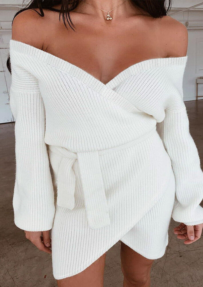 

Tie Wrap Drop Shoulder V-Neck Knitted Mini Dress - White, 491699