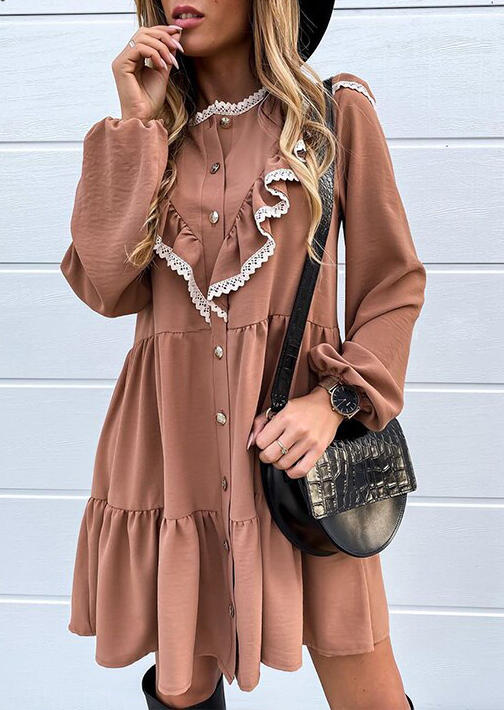 

Lace Splicing Ruffled Button Elastic Cuff Mini Dress - Khaki, 491708