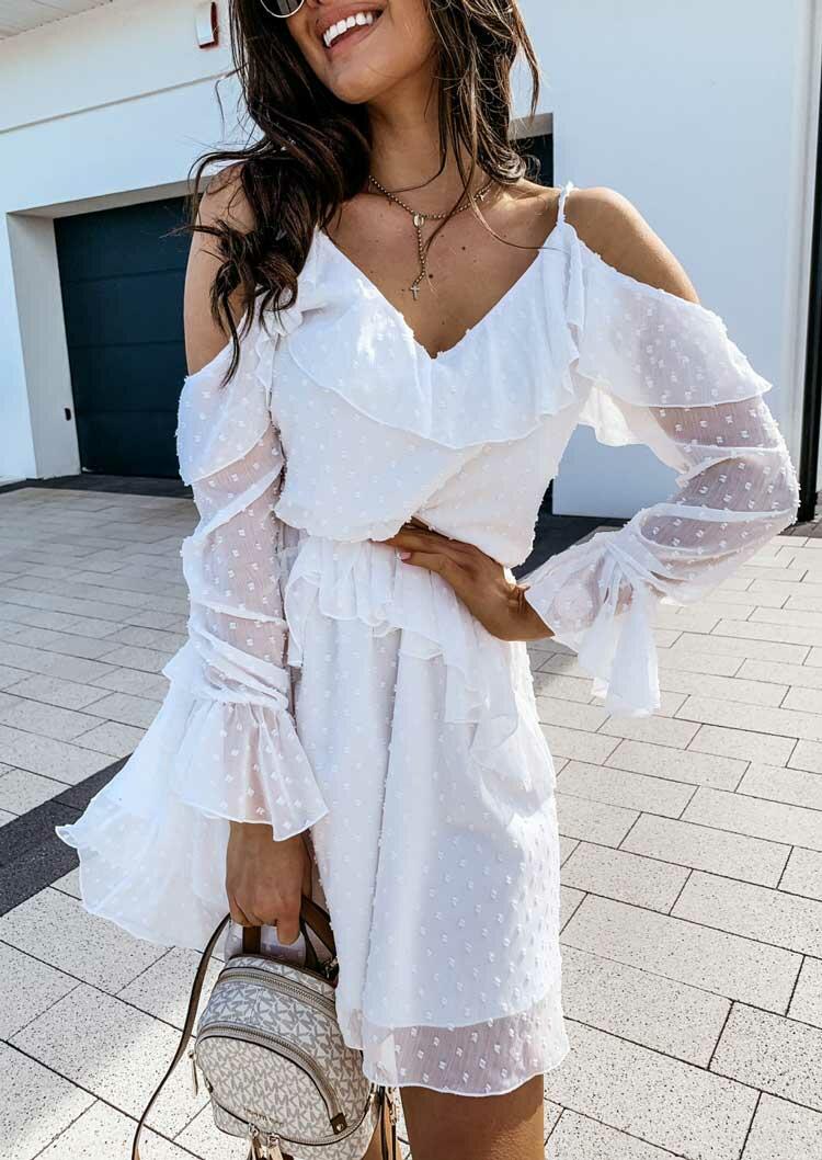 

Dotted Swiss Cold Shoulder Layered Elastic Waist Mini Dress - White, 491737
