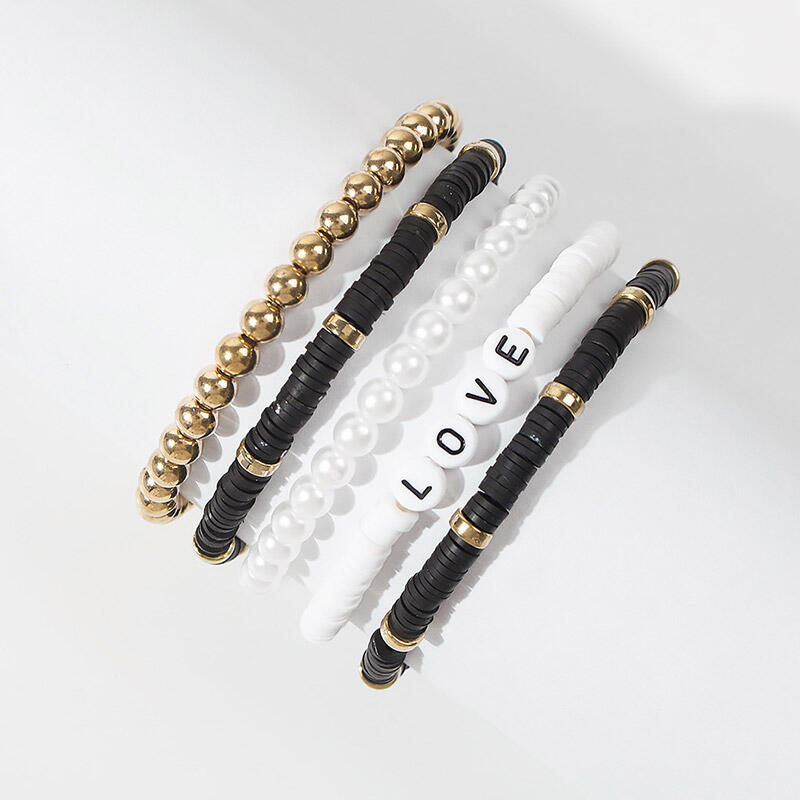 

5Pcs Bohemian Colorful Beading Love Bracelet Set, Black, 491739