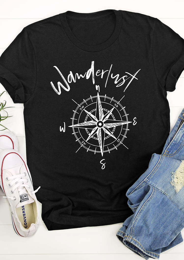 

Wanderlust Compass Travel T-Shirt Tee - Black, 491750