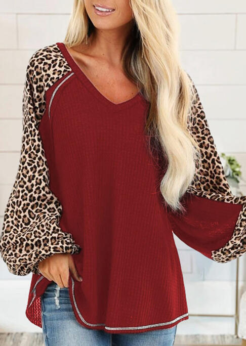 

Leopard Splicing Waffle V-Neck Loose Blouse - Red, 491804