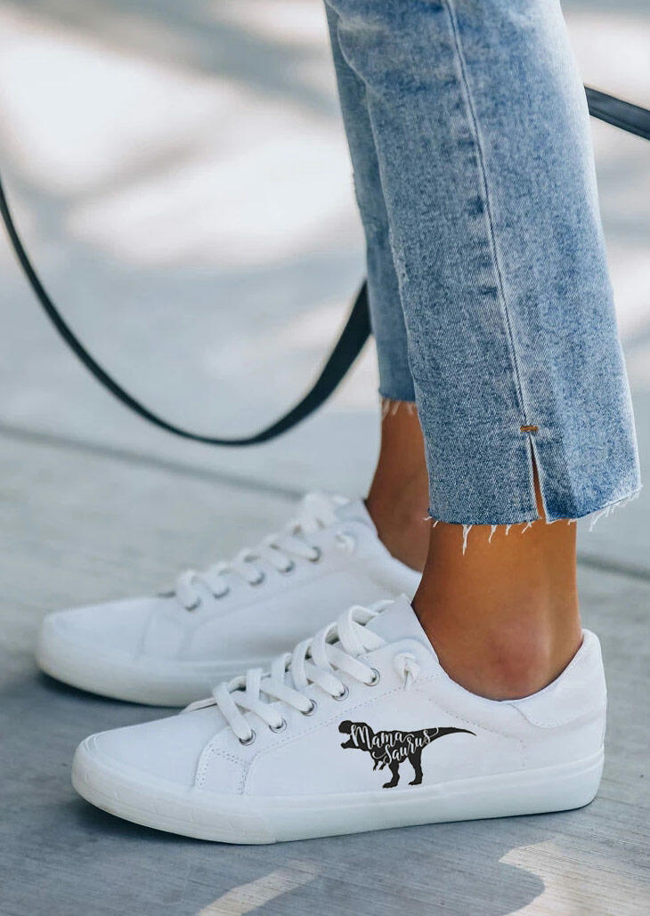 

Mama Saurus Dinosaur Lace Up Flat Sneakers - White, 491810