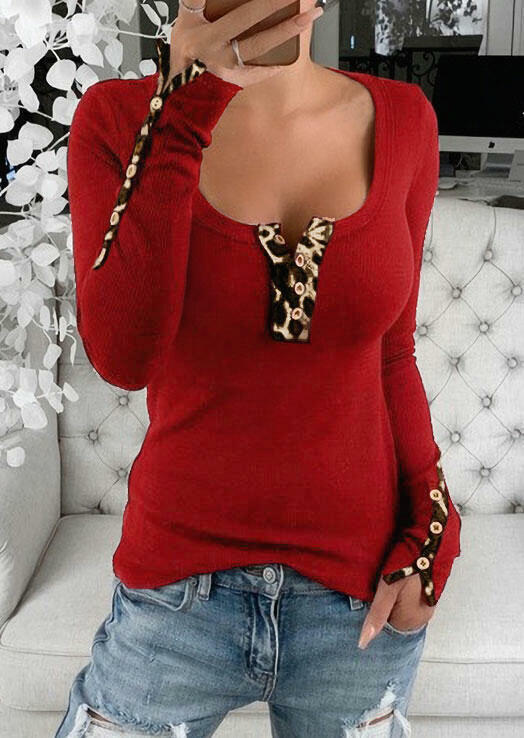 

Leopard Button Splicing Long Sleeve Blouse - Red, 491841