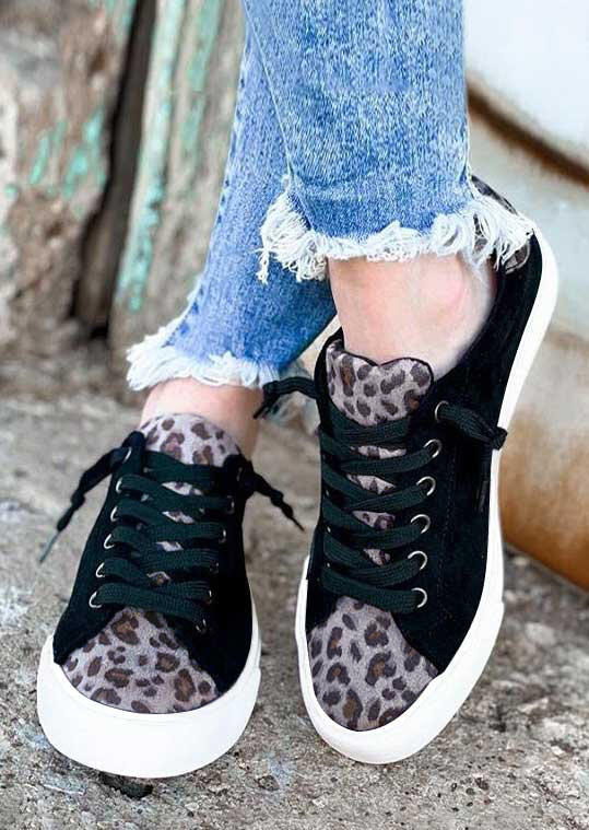 

Leopard Lace Up Round Toe Flat Sneakers, 489857