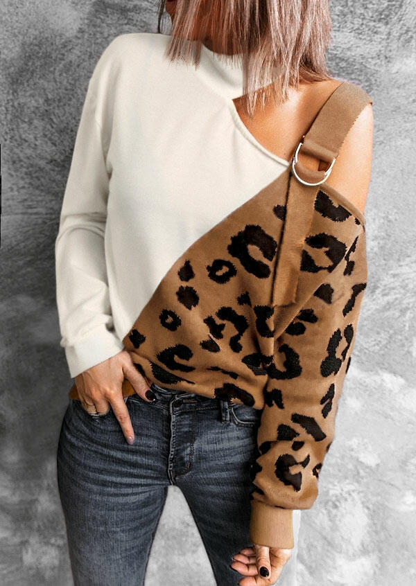 

Leopard One Sided Cold Shoulder Halter Blouse, White, 491299