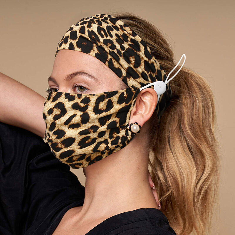 

2Pcs Button Leopard Wide Headband And Mouth Shield Set, 491695