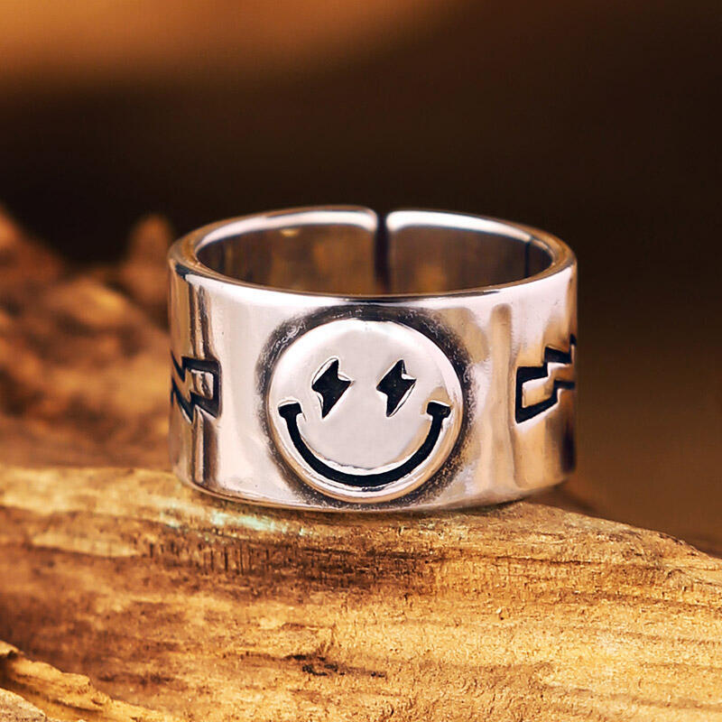 

Creative Smile Face Lightning Open Ring, Silver, 491746