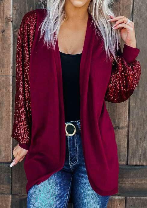 

Sequined Splicing Lantern Sleeve Cardigan - Burgundy, 491800