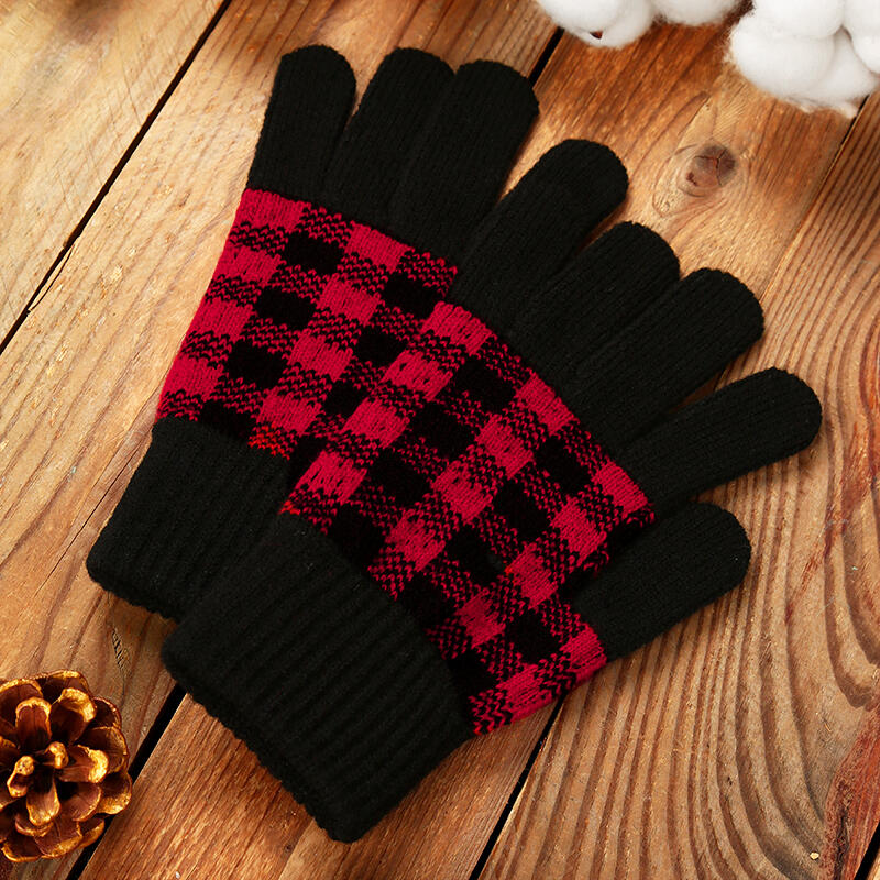 

Buffalo Plaid Warm Knitted Gloves, Black;red, 491818