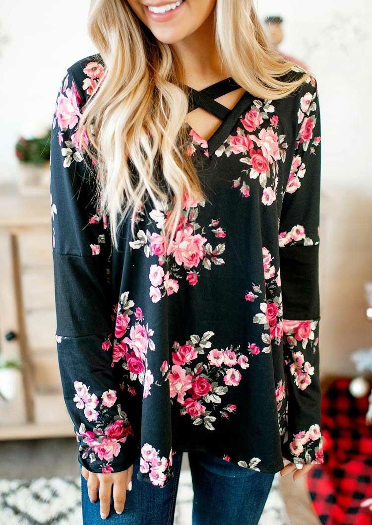 

Floral Criss-Cross Long Sleeve V-Neck Blouse - Black, 491819