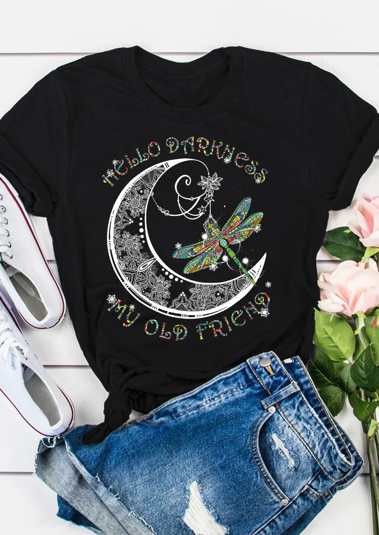 

Hello Darkness My Old Friend Dragonfly And Moon T-Shirt Tee - Black, 491837