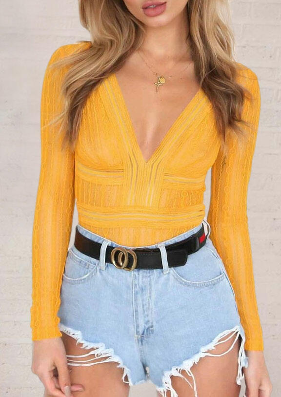 

Lace Hollow Out V-Neck Long Sleeve Romper - Yellow, 491842
