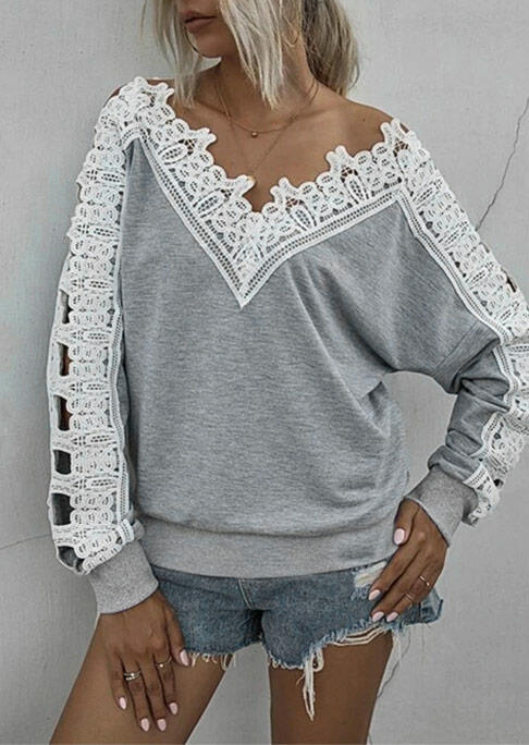 

Lace Splicing Hollow Out Casual Blouse - Light Grey, 491877