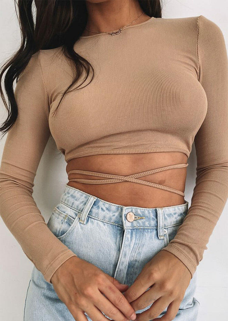 

Tie Open Back Long Sleeve Crop Top - Khaki, 491897