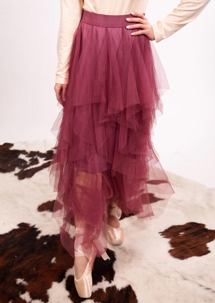 

Asymmetric Mesh Splicing Elastic Waist Long Skirt - Rose Red, 491905