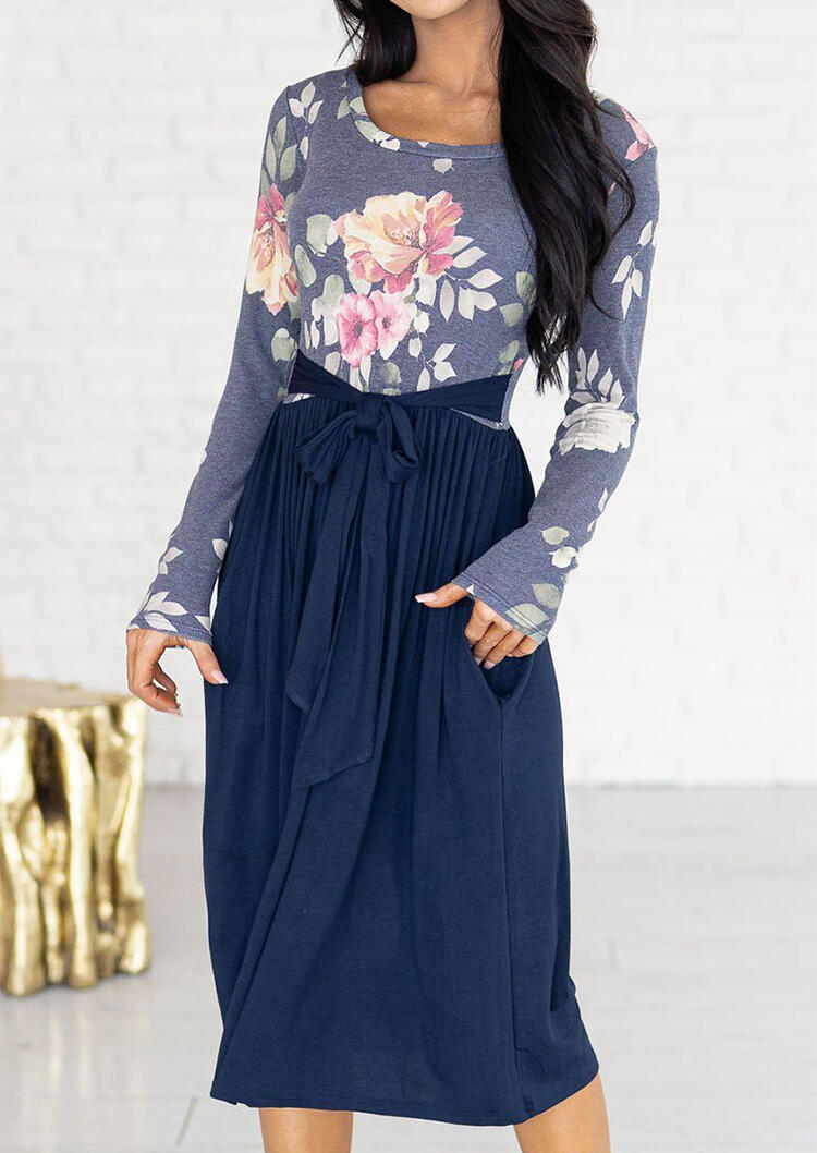 

Floral Ruffled Pocket Long Sleeve Midi Dress, Multicolor, 488105