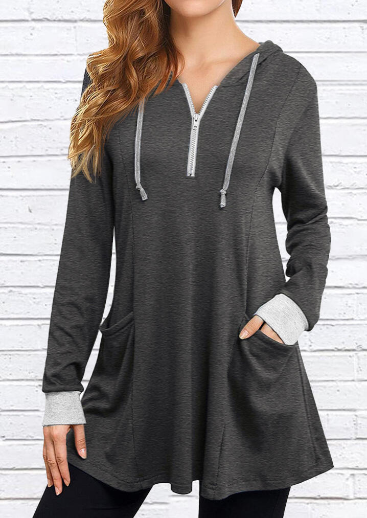 

Pocket Zipper Collar Drawstring Pullover Hoodie - Dark Grey, 488748