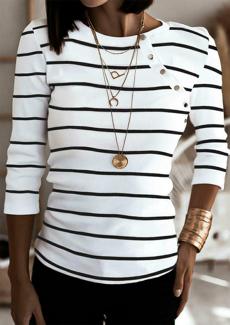 

Striped Side Button Three Quarter Casual Blouse, Stripe, 491179