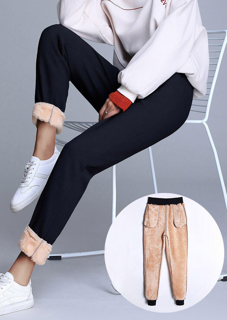 

Winter Thickened Warm Fleece Pocket Drawstring Pants - Black, 491601
