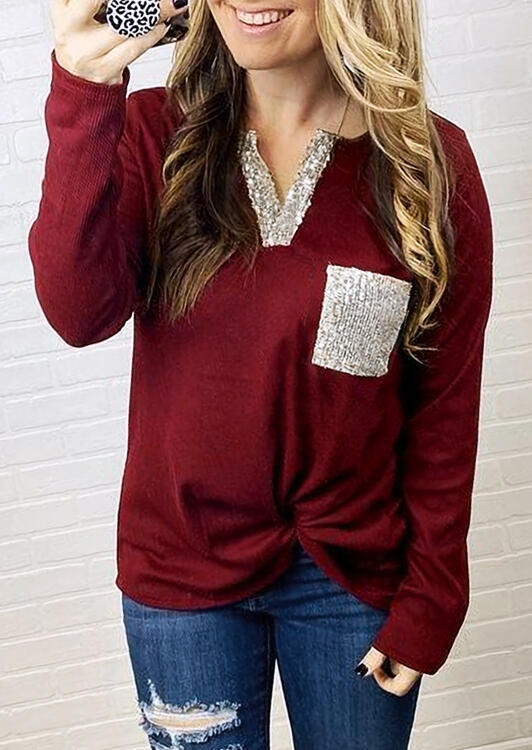 

Sequined Splicing Pocket Long Sleeve Casual Blouse - Burgundy, 491792