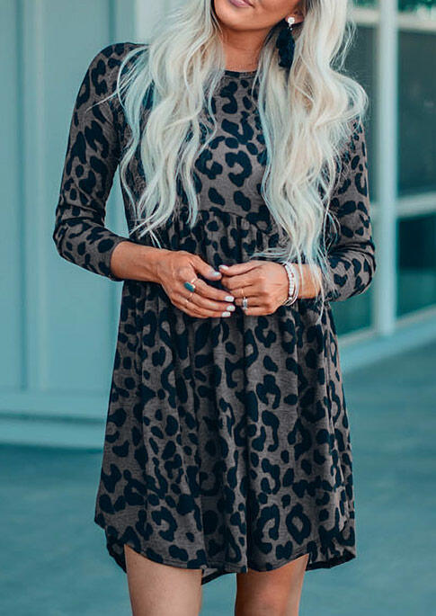 

Leopard Ruffled Long Sleeve Asymmetric Mini Dress, 491878