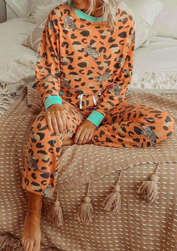 

Leopard Long Sleeve Blouse And Drawstring Pants Two-Piece Set, Orange, 491880