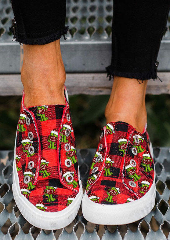 

Christmas Hat Grinch 2021 Buffalo Plaid Slip On Flat Sneakers - Red, 491890