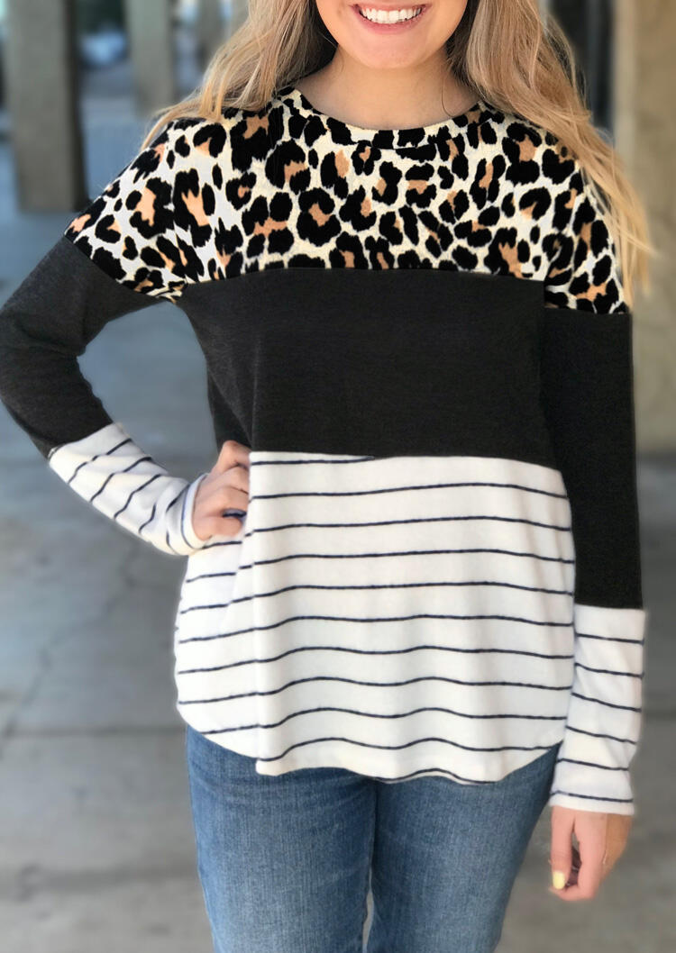 

Leopard Striped Color Block Splicing Blouse, Multicolor, 491924