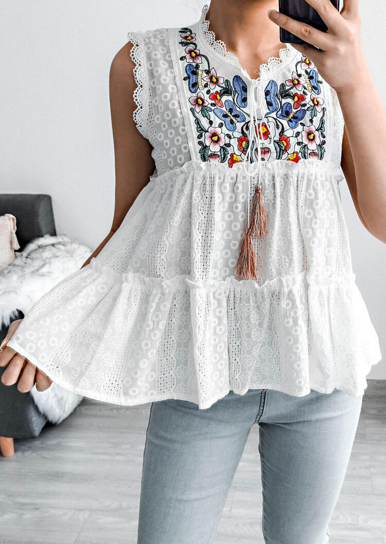 

Floral Ruffled Tassel Drawstring O-Neck Blouse - White, 491938