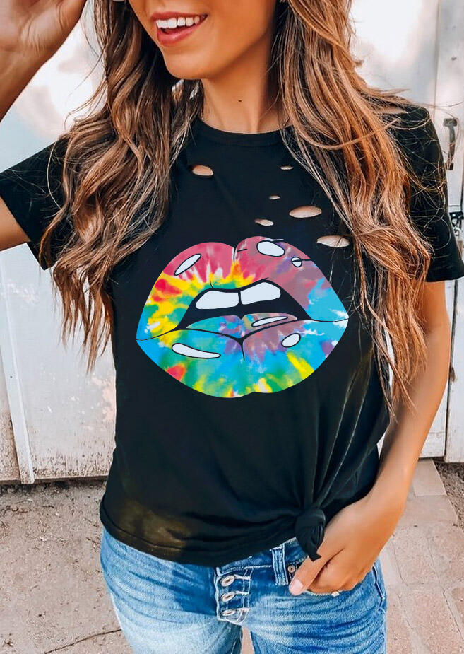 

Tie Dye Lips Ripped Hole T-Shirt Tee - Black, 491987