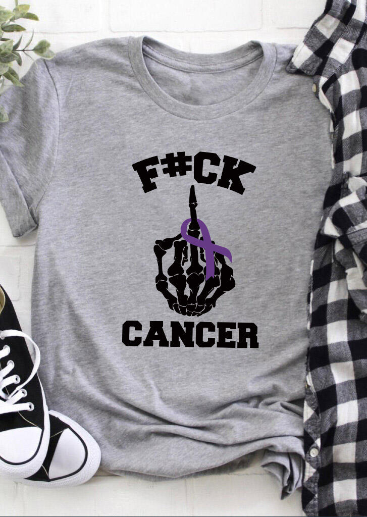 

F#ck Cancer Skull Hand Ribbon T-Shirt Tee - Gray, 491999