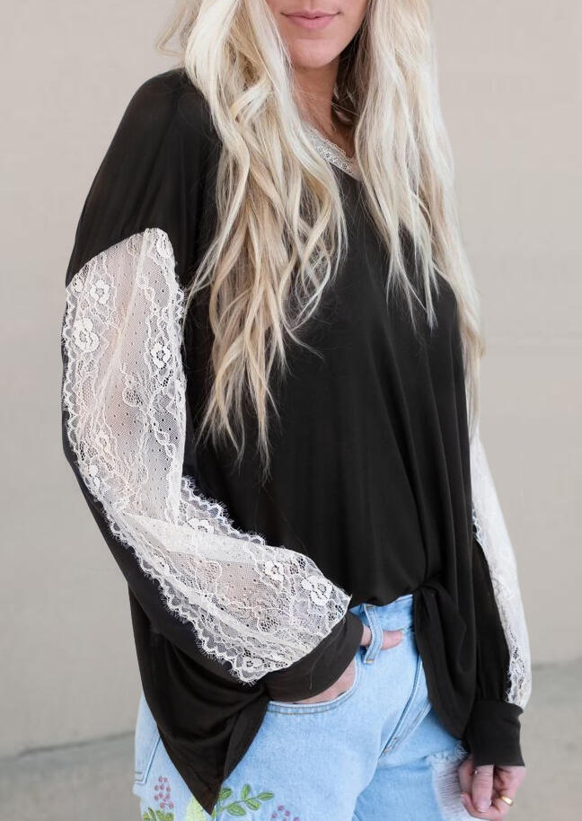 

Lace Splicing Open Back Long Sleeve Blouse without Camisole - Black, 492016
