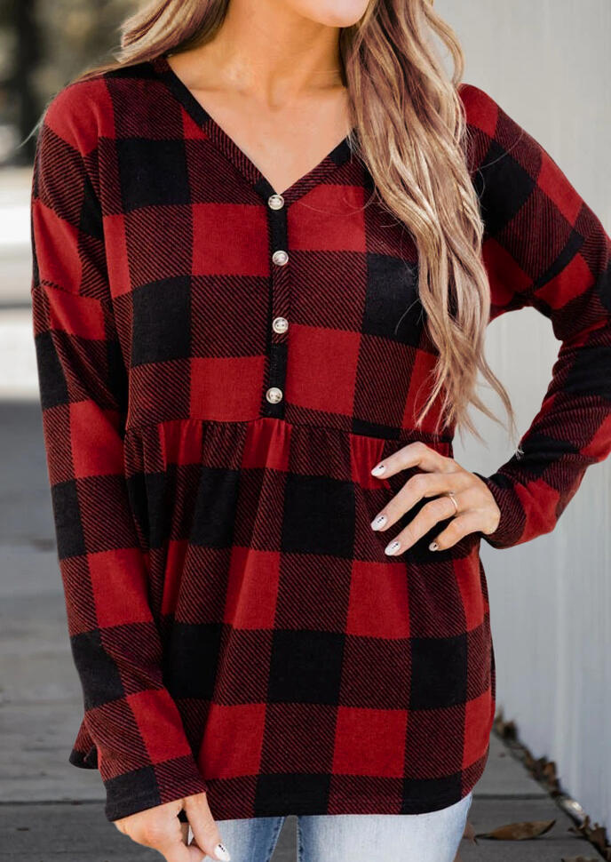 

Buffalo Plaid Ruffled Button Long Sleeve Blouse, 492021