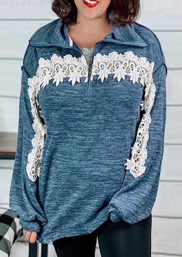 

Lace Splicing Zipper Collar Drop Shoulder Sweatshirt - Blue, 492024