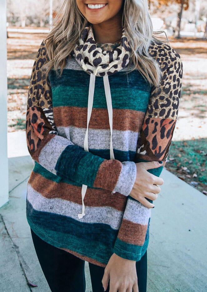 

Leopard Splicing Striped Drawstring Cowl Neck Sweatshirt, Multicolor, 491797