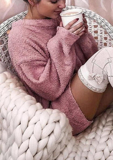 

Winter Warm Long Sleeve O-Neck Fleece Mini Dress - Pink, 491827